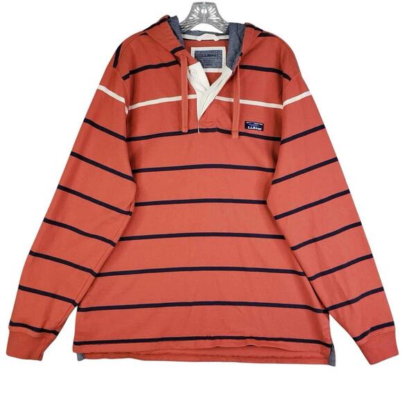 LL Bean Sweatshirt Mens Size L Orange Striped Long Sleeve Rugby Hoodie Pullover - Picture 2 of 12